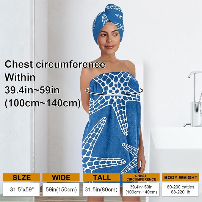 Starfish Towel Wrap for Women with Hair Turban – Quick Dry Microfiber Bath Skirt Set for Shower, Spa, Beach, Dorm – Adjustable Wrap Towel with Adjustable Closure