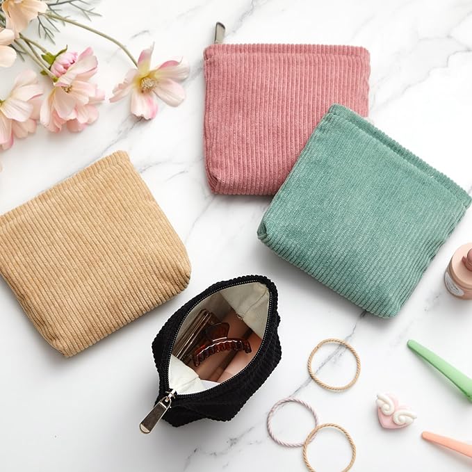 Abbylike 4 Pcs Small Makeup Bag Corduroy Cosmetic Pouch with Zipper Portable Little Bags for Purse Mini Pouch Cute Makeup Purse for Coin Essentials Items Women (Pure)