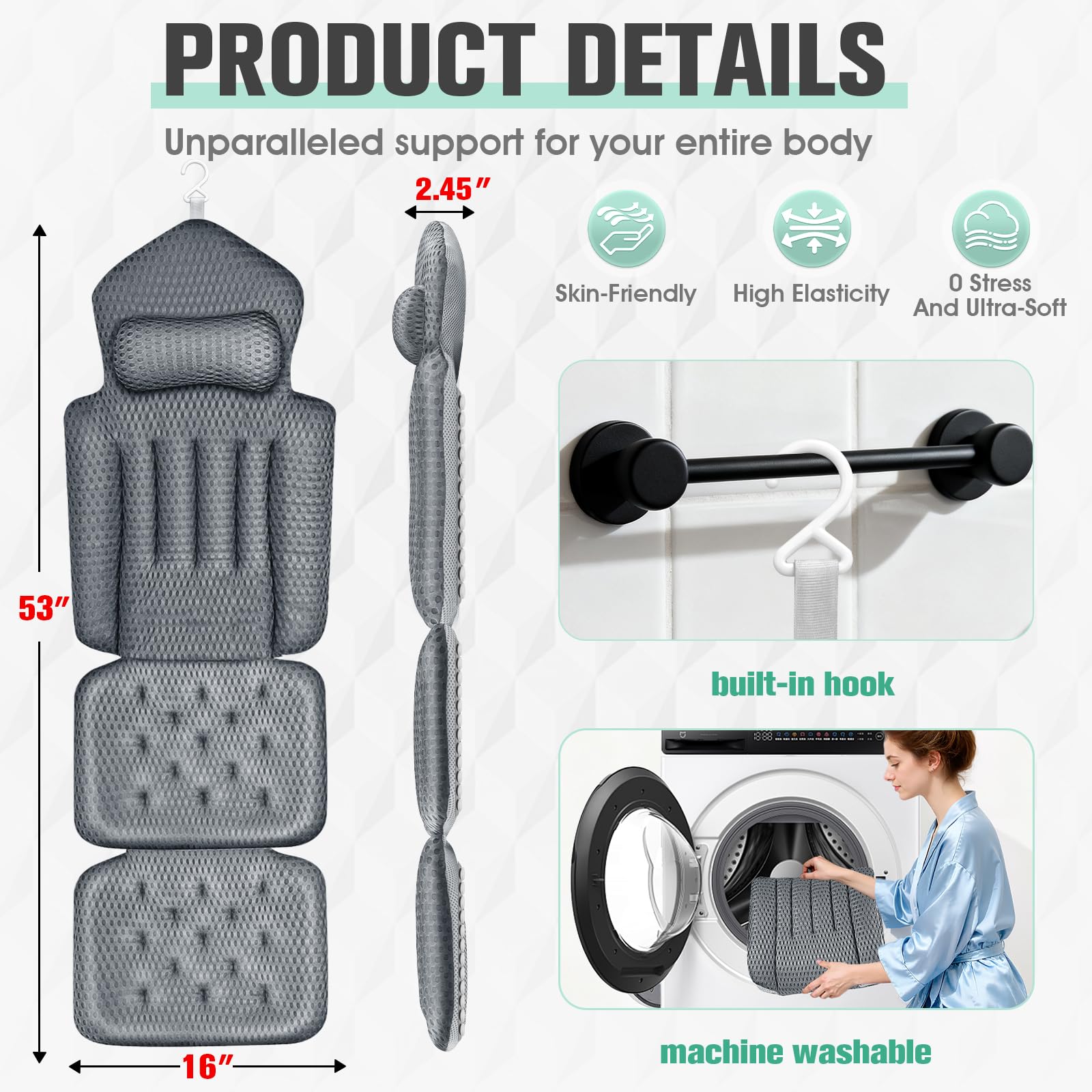 Upgraded Full Body Bath Pillow for Bathtub,Luxury Thick Bath Cushion for Soaking Tub with 192 Suction Cups,Full Body Bathtub Pillows for Head and Neck Shoulder Support,4D Air Mesh, 53" x 16" Dark Gray