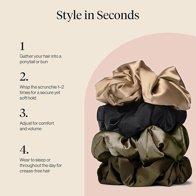 Kitsch Pillow Satin Scrunchies for Women - Hair Ties No Damage, No Crease Hair Accessories | Perfect for Day or Night - Black, 4pcs