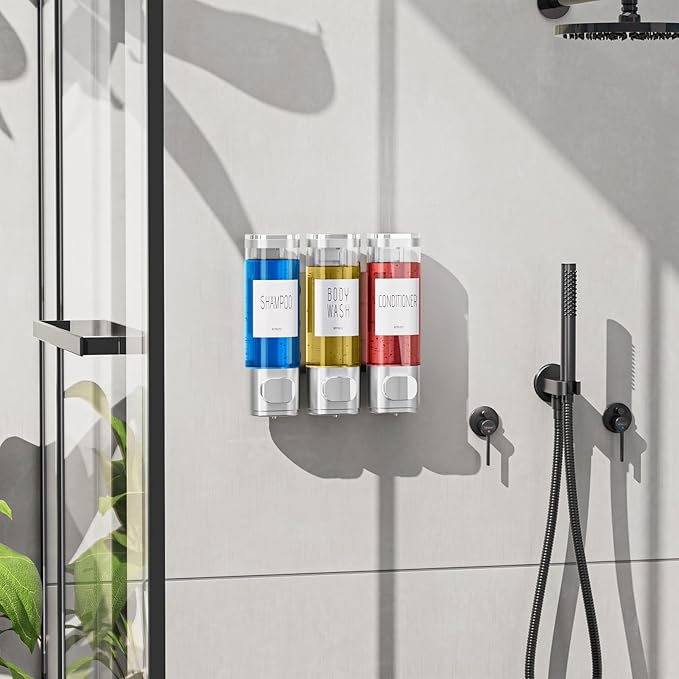 VITVITI Shampoo and Conditioner Dispenser for Shower Wall, Shower Soap Dispenser 3 Chamber No Drill Wall Mounted, 10.2 OZ Plastic Refillable Shower/Body Wash Bottles for Bathroom (Matte Silver)