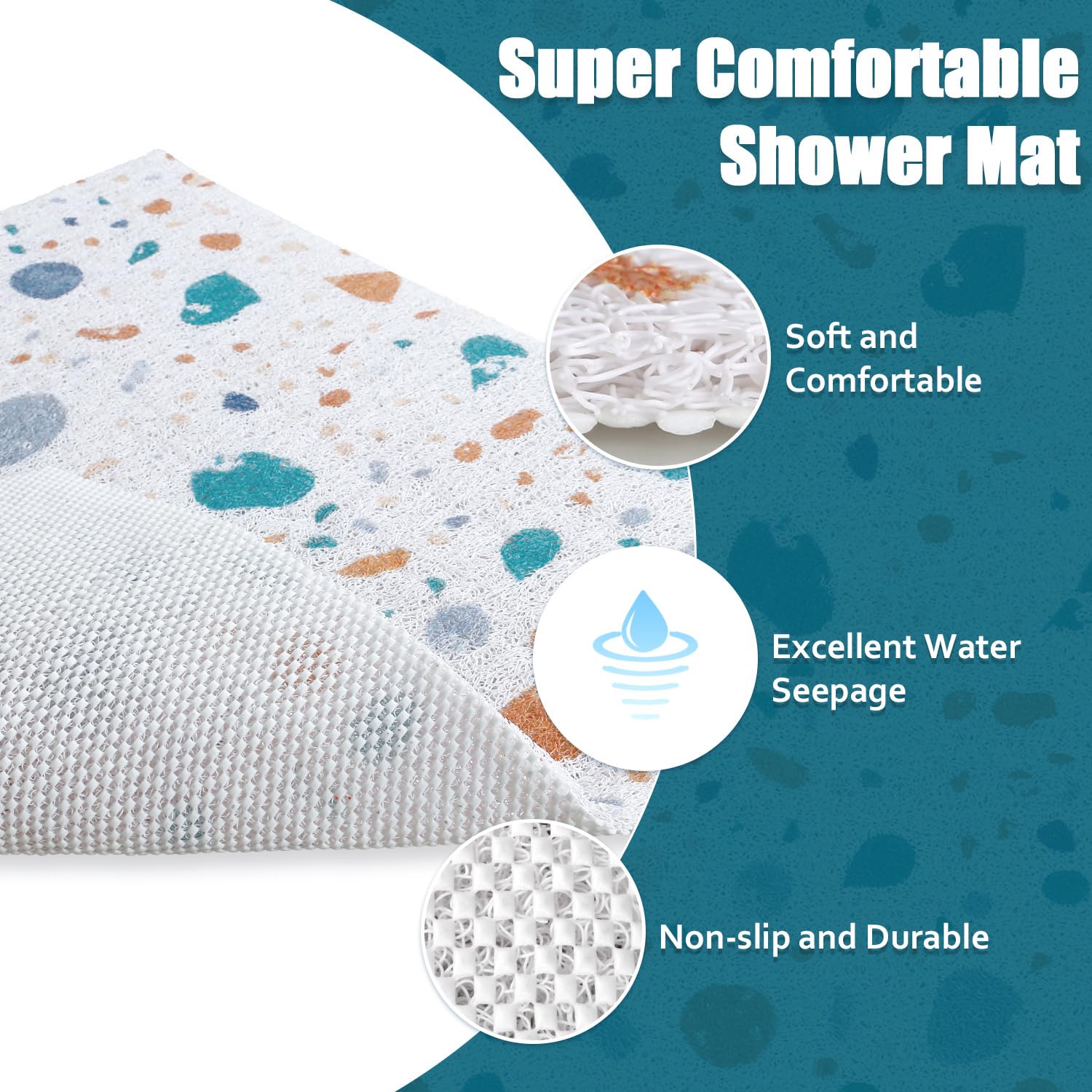 Shower Mat Anti Slip - 24x24 Inch Soft Comfort Bath Mat with Drainage Holes, PVC Loofah Massage Bathmat for Shower, Tub, Bathroom, Wet Areas, Quick Drying