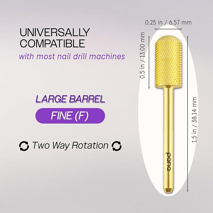 PANA 3/32" Large Smooth Round Top Safety Carbide Nail Drill Bit for Gel Polish & Acrylic Removal Nail Salon Manicure Pedicure Electric File Tools (Large Barrel - Gold, Fine)