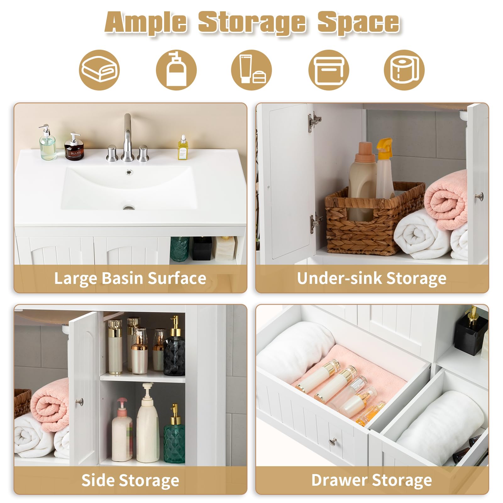 VINGLI 36" Modern Bathroom Vanity with Ceramic Sink, White Bathroom Vanity Cabinet w/2 Stripe Doors & 2 Drawers, Bathroom Sink Cabinet Combo, Floor Storage Cupboard w/Open Shelf for Bathroom
