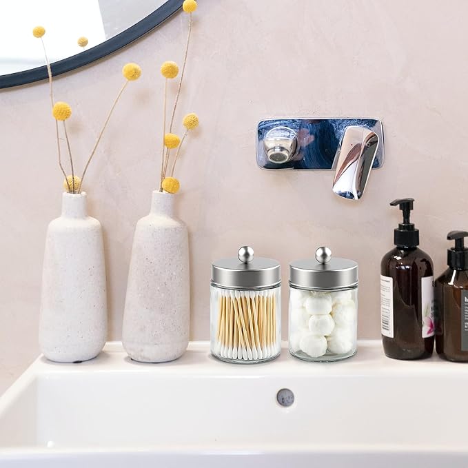 2 Pack Glass Apothecary Jars with Lids for Bathroom, Cute Qtip Holder, Silver Bathroom Accessories Set, Small Bathroom Canisters with Lids for Q-Tips, Cotton Swabs, Silver Bathhouses Decor