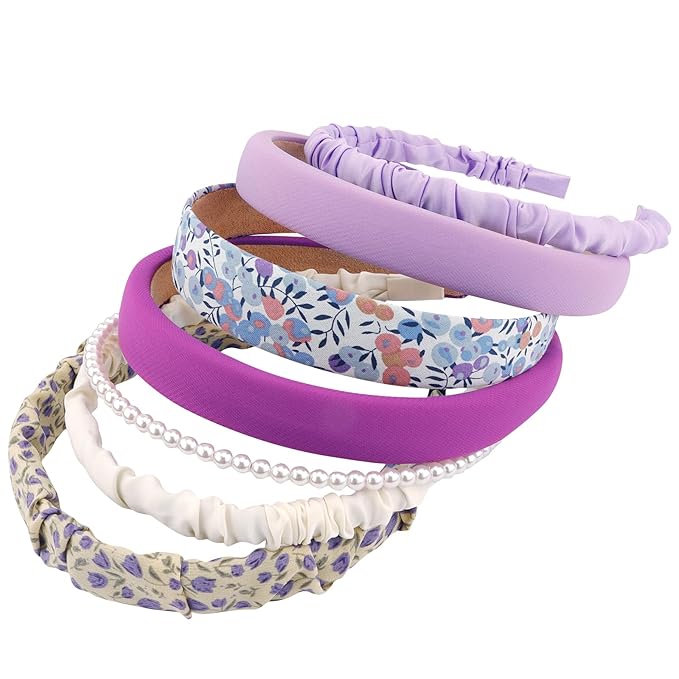 VELSCRUN 7 Pcs Different Headbands for Women Fashion Purple Solid Head Bands Pearl Headband Non Slip Hair Band for Womens Thin Thick Short Hair Face Wash Hair Accessories Gifts for Women Gilrs
