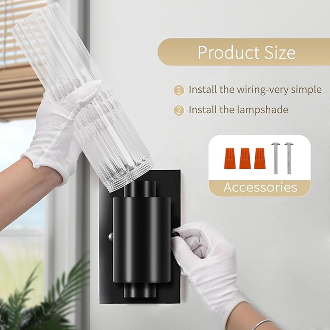 21" Bathroom Vanity Sconces Set of 2, Black Hardwired Wall Sconces Set of Two with Threaded Glass Shade, Modern Up Down Wall Decor Set of 2 for Bathroom Living Room Bedroom Hallway-Bulb Not Included ﻿