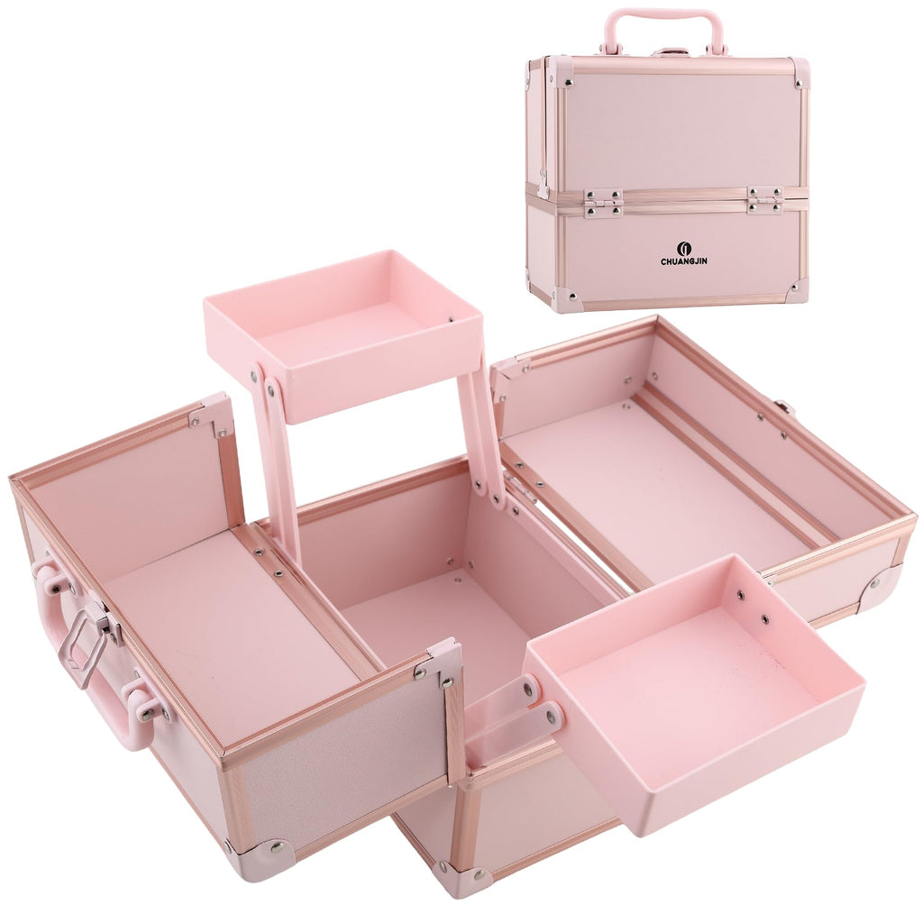 CHUANGJIN Makeup Box, 8.6 Inch 2-Tray Locking Makeup Case Organizer, Pink
