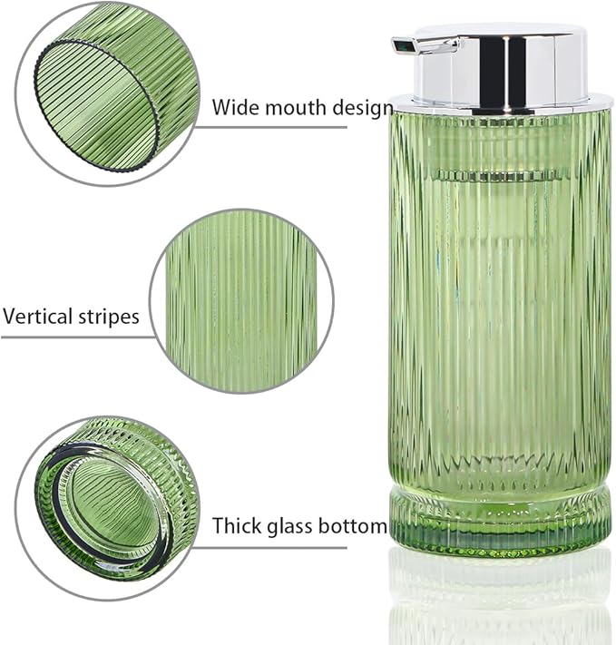 Tonxus 14 Oz Foaming Soap Dispenser, Green Glass Soap Dispenser, Refillable Foam Pump Bottle Lotion Container with Silver Pump, Decorative Slim Ribbed Bottle for Bathroom and Kitchen Decor