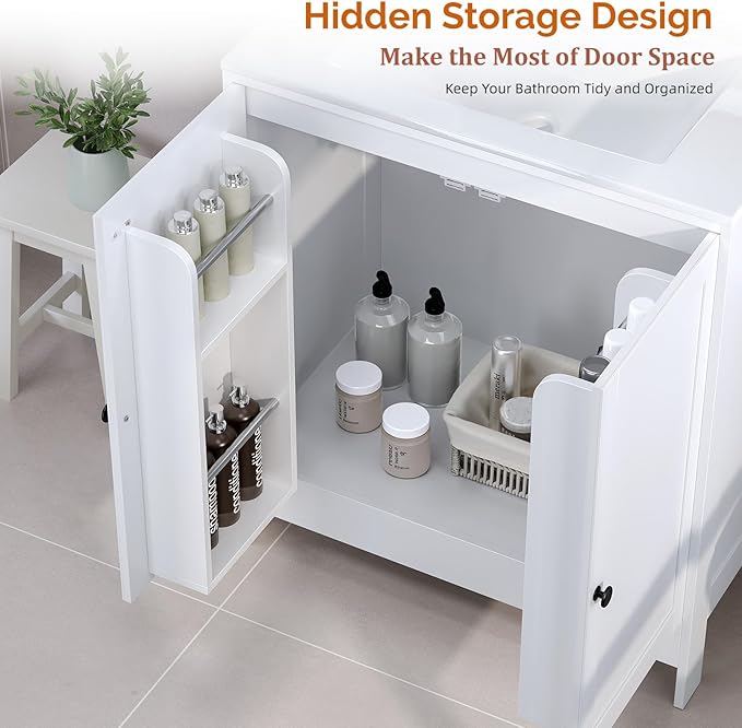 VINGLI 30 Inch White Bathroom Vanity with Sink, Modern Freestanding Sink Vanity with Soft-Close Doors and Storage Shelves, White Bathroom Cabinet with Single Hole Ceramic Basin for Small Bathrooms