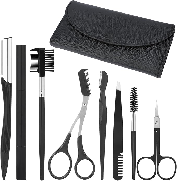 Professional Eyebrow Shaping Grooming Kit,8PCS/SET Eyebrow Grooming Kit with Leather Bag Eyebrow Trimming Kit With Razor Eyebrow Scissors Eyebrow Brush for Women & Men(Black)