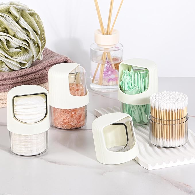 Tbestmax 4 Pack Rotating Qtip Holder Dispenser for Cotton Swabs, Makeup & Hair Accessories, Vanity Organizer with Canisters for Floss Picks, Cotton Balls, Bathroom Essentials Accessories Decor, Beige