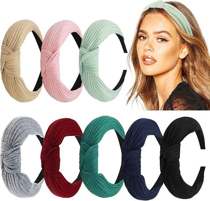 DRESHOW 8 Pack Knotted Headbands for Women Wide Turban Headband Yoga Exercise Ribbing Head Wraps Hair Bands Accessories
