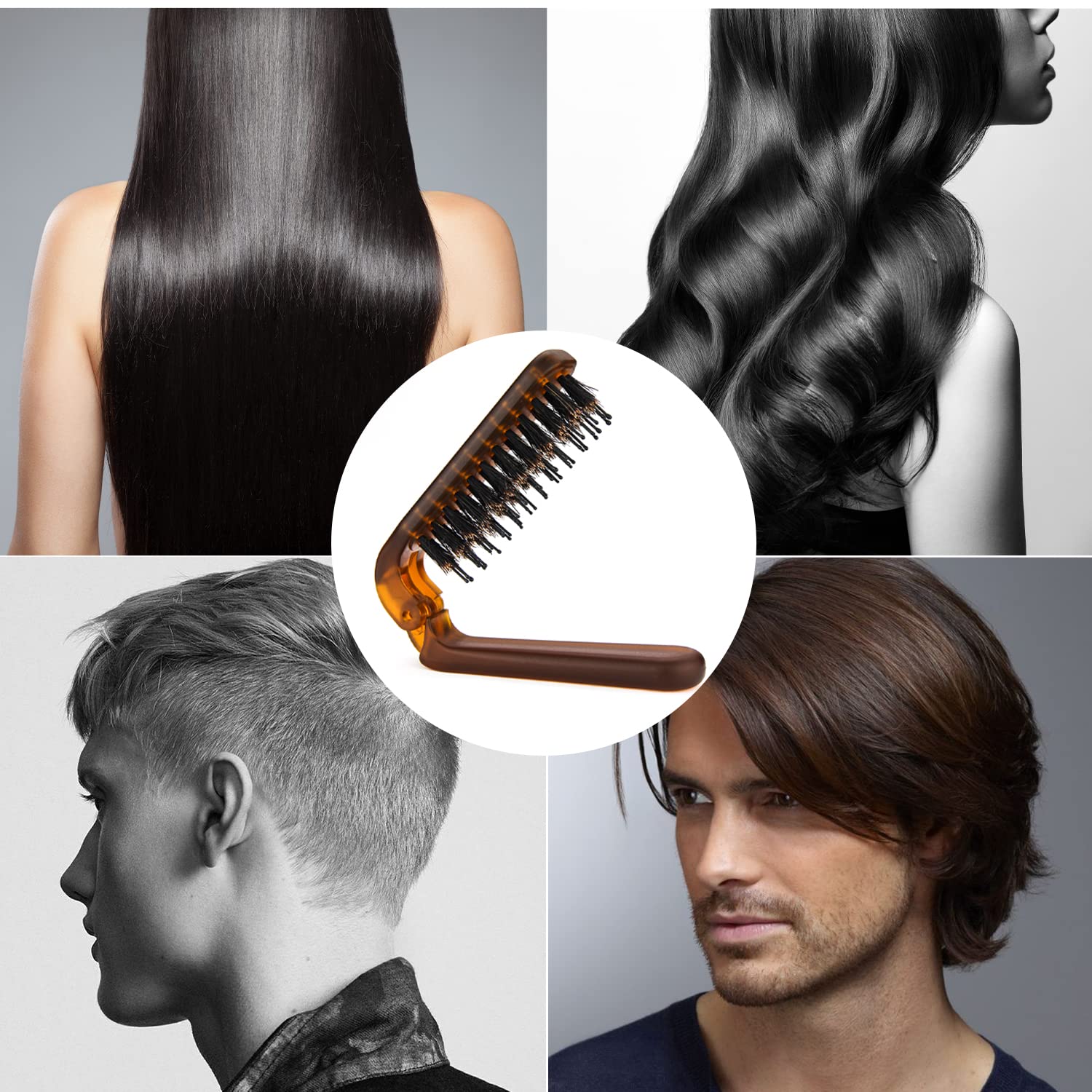 Travel Folding Hair Brush, Mini Boar Bristle Hair Brush for Men Women Kids
