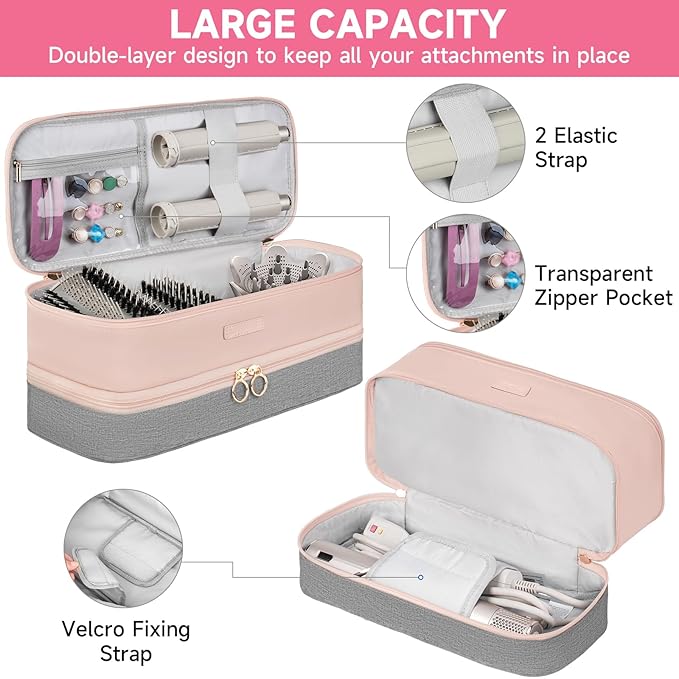 Travel Carrying Case Fits for Shark Flexstyle/FlexFusion/Hair Dryer,2-Layer Hot Tools Bag Fits for Shark Glam,Portable Hair Tools Bag Fits for Dyson Airwrap Styler/Supersonic,Light Pink+Grey