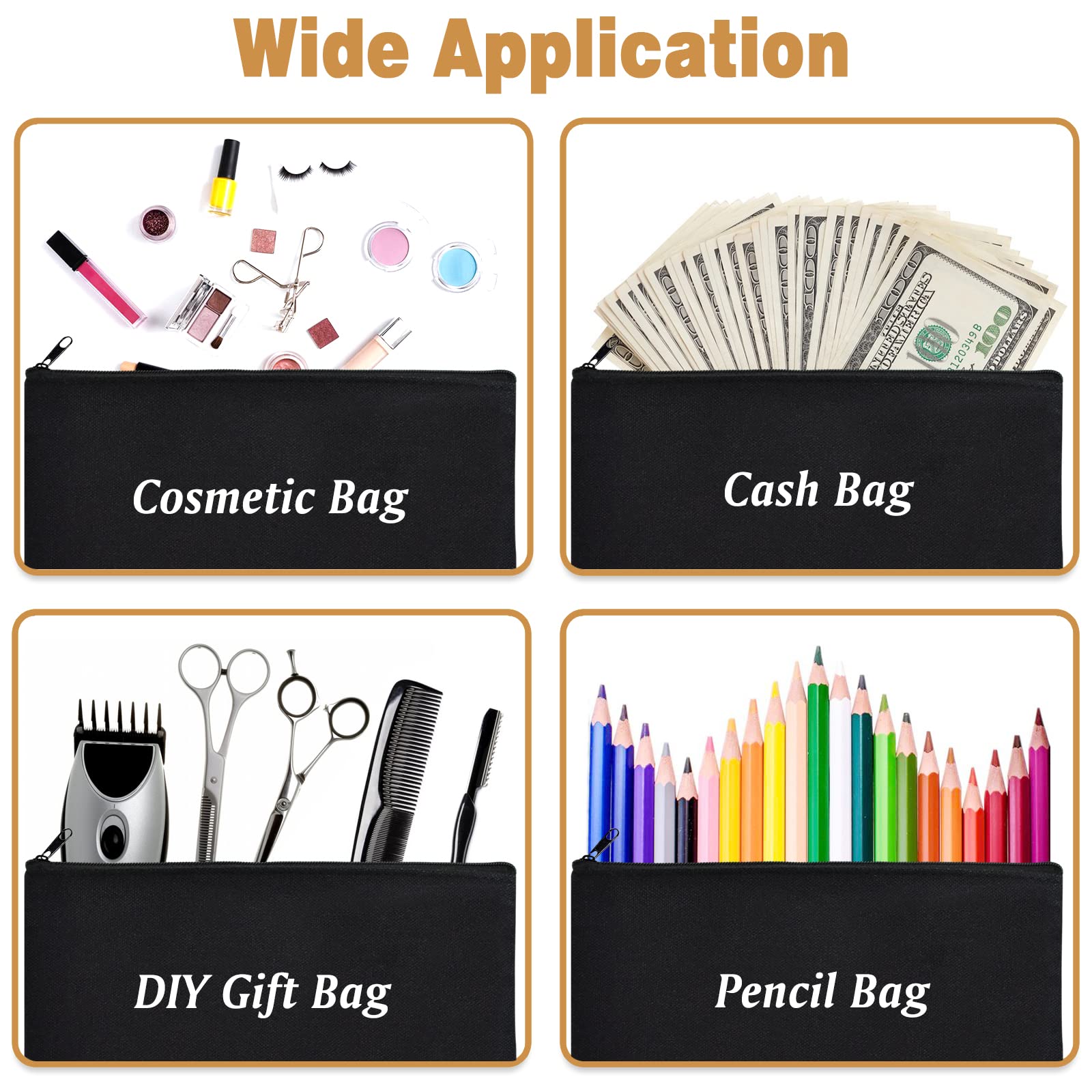 ZeeDix 24 Packs Black Canvas Pouch- Multi-purpose Cosmetic Bag with Zipper, Blank DIY Craft Canvas Zipper Pouch bulk, Travel Toiletry Bag, Daily Use Storage Bag (8.3 x 5 inches)