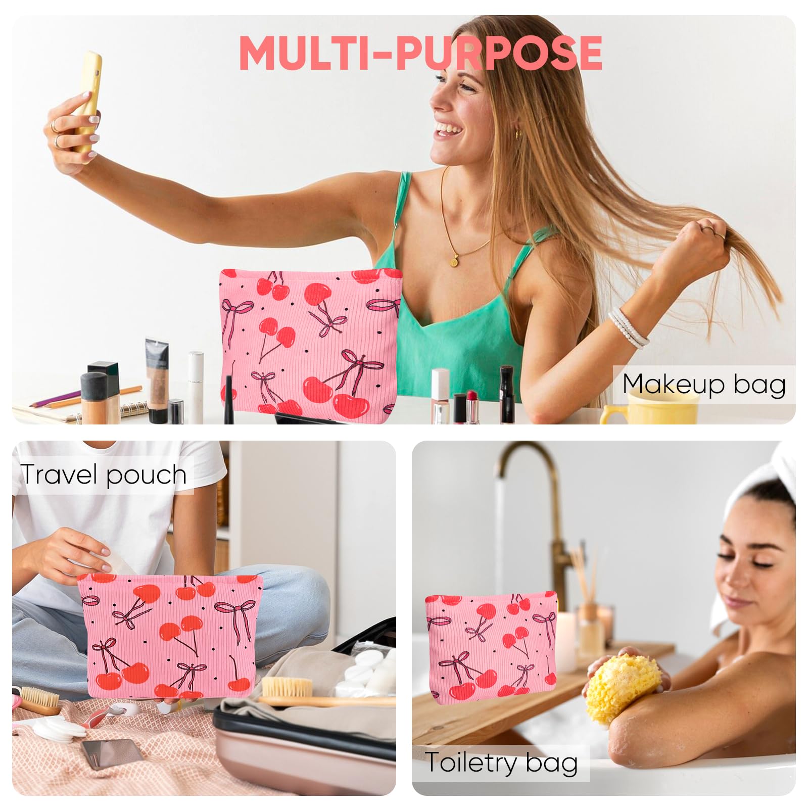 Ksriylm Cute Cherry Makeup Pouch for Women Small Make Up Bag for Purse Zipper Initial Makeup Cosmetic Bags Pouches for Purse Aesthetic Travel Toiletry Bags, Red Cherries Bows