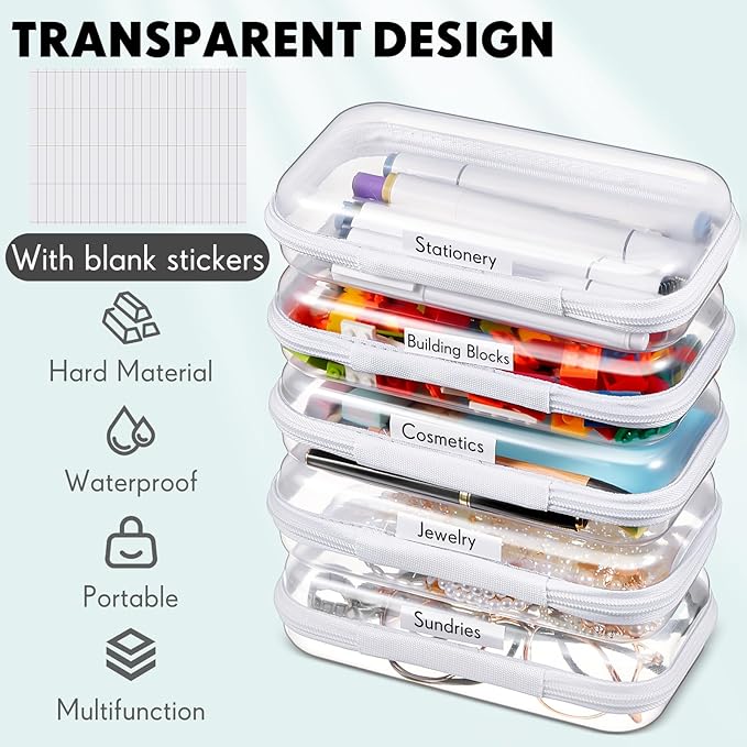 Sanwuta 10 Pcs Hard Zipper Case Clear Hard Pouches Plastic Zipper Pencil Portable Box Toy Storage Bins Plastic Container for Travel Toiletry Office Cosmetic Block Puzzle Organizer (S,Clear)
