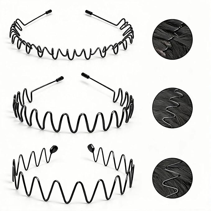 Metal Headbands for Men, Fashion Unisex Wavy Hair Bands, Elastic Zigzag Hairbands Perfect for Outdoor Sports, Daily Styling (3 Pack)