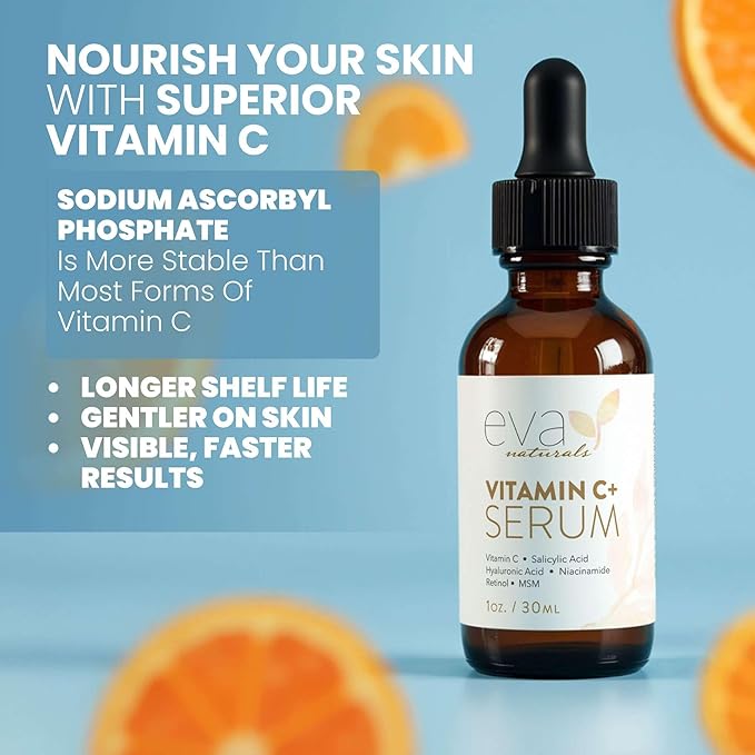 Eva Naturals Vitamin C Serum for Face – Anti Aging Dark Spot Remover & Corrector with Retinol, Hyaluronic Acid, Niacinamide & Salicylic Acid – Brightening, 1 fl oz
