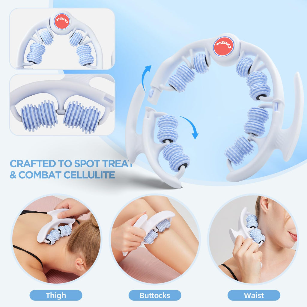 MZDXJ Cellulite Massage Tool - Lymphatic Drainage Massager - Muscle Roller, Deep Fascia Massage, Dimpled Skin Removal, Legs/Thighs/Buttocks, Anti-Cellulite Roller, Smooth Skin (14 Wheel - Blue)