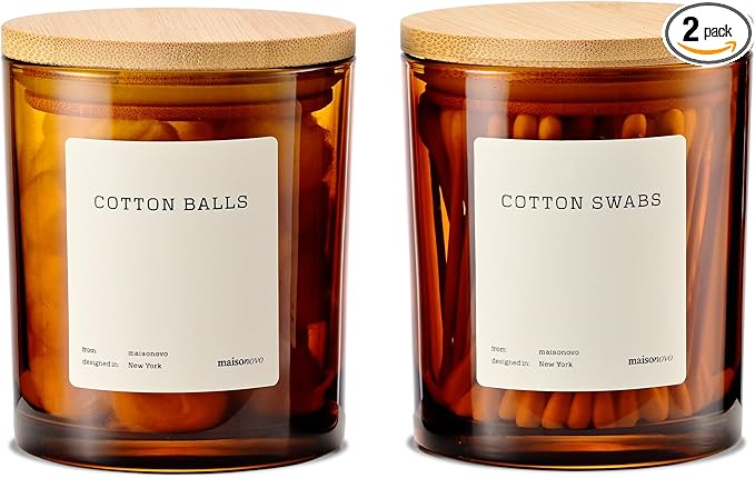 MaisoNovo Qtip Holder Bathroom Set – Airtight Cotton Ball Holder with Lid to Store Cotton Rounds, Swabs, Floss Picks, Hair Ties with free labels pack - 2 Amber Jars with Bamboo Lids
