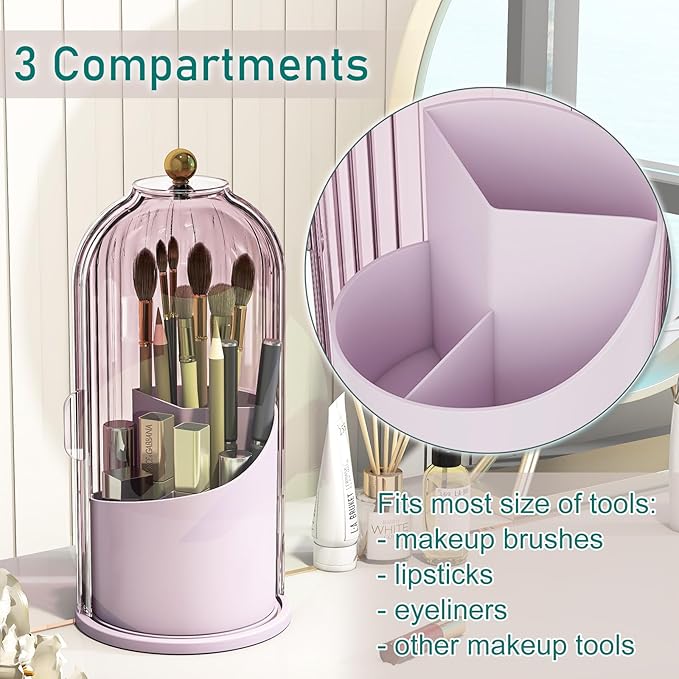 GAXmi Makeup Brush Holder with Lid Rotating Cosmetic Organizer, Pink-Purple