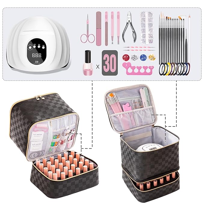 AGX Bravo Nail Polish Organizers and Storage Holds 30 Bottles & Nail Lamp Gel Nail Polish Storage Organizers for Nail Tech Carrying Case Manicure Kit Supplies Bag, Checkerboard Black (BAG ONLY)