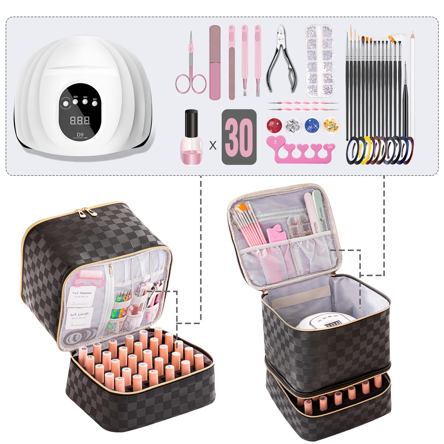 AGX Bravo Nail Polish Organizers and Storage Holds 30 Bottles & Nail Lamp Gel Nail Polish Storage Organizers for Nail Tech Carrying Case Manicure Kit Supplies Bag, Checkerboard Black (BAG ONLY)