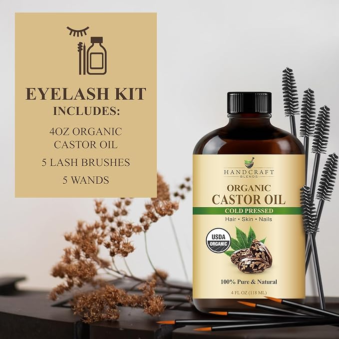 Handcraft Blends Cold-Pressed Organic Castor Oil 4 Fl Oz | Glass Bottle | Lash Brushes | 100% Pure and Natural | Premium Grade Carrier Oil | Hair, Eyelashes and Eyebrows | Hair and Body
