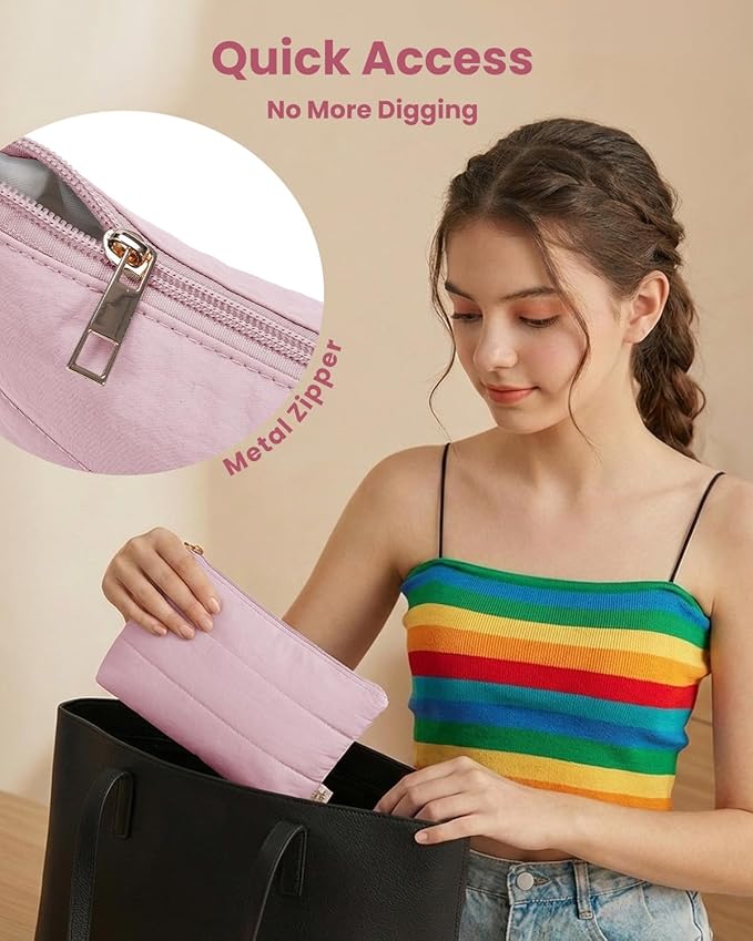 Wandering Nature Small Makeup Bag 2 Pack Cosmetic Bag for Purse, Puffer Quilted Makeup Pouch, Cute Travel Pouch with Zipper for Women, Baby Pink