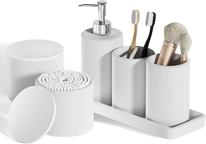 InnJoey 6-Piece White Bathroom Set - Mesh Textured Resin Bathroom Accessories Set with Soap Dispenser, Toothbrush Holder, Cup, Vanity Tray & Apothecary Jars for Small Spaces
