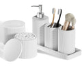 InnJoey 6-Piece White Bathroom Set - Mesh Textured Resin Bathroom Accessories Set with Soap Dispenser, Toothbrush Holder, Cup, Vanity Tray & Apothecary Jars for Small Spaces