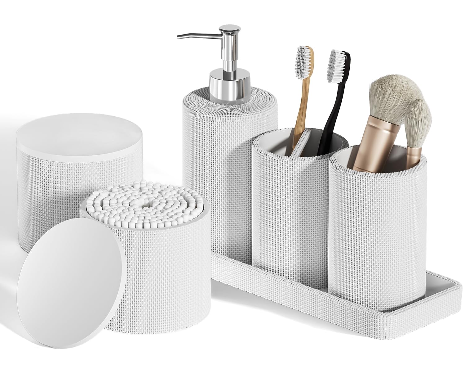 InnJoey 6-Piece White Bathroom Set - Mesh Textured Resin Bathroom Accessories Set with Soap Dispenser, Toothbrush Holder, Cup, Vanity Tray & Apothecary Jars for Small Spaces
