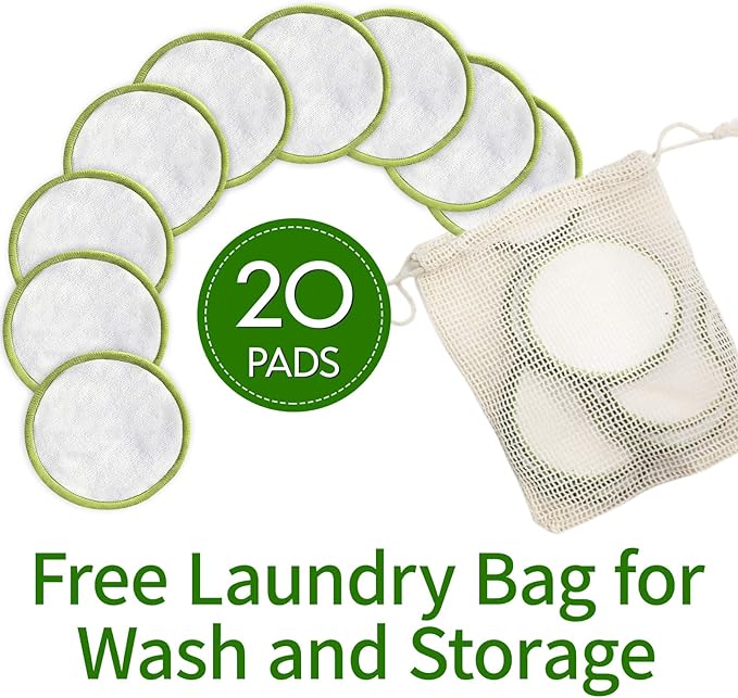 Sopurrrdy 20 Pack Reusable Makeup Remover Face Pads with Laundry Bag Washable Soft and Comfortable Cleaning Face Skin,Washable Bamboo Cotton Rounds (White)