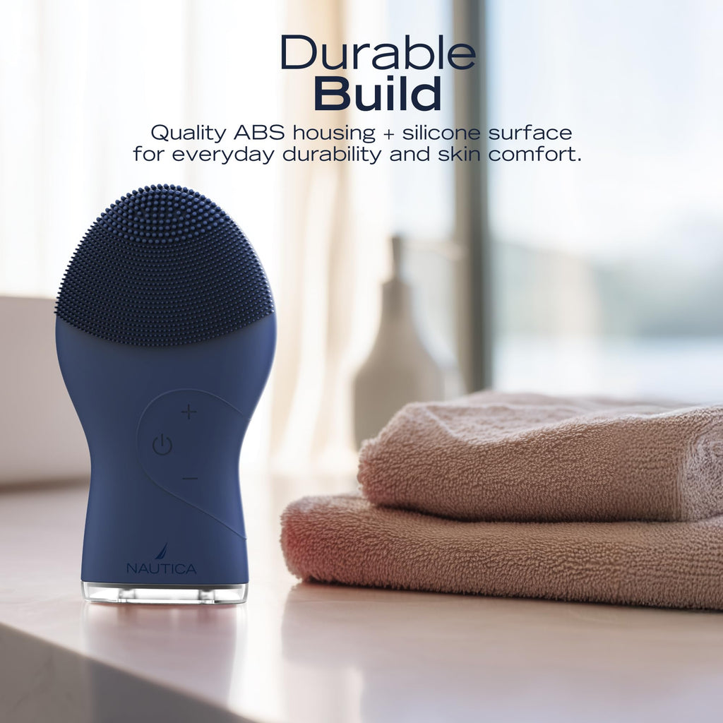 Nautica PC120 Facial Cleansing Brush Made with Ultra-Hygienic Soft Silicone, Waterproof, Rechargeable Vibrating Face Exfoliator Scrub Brush with Sonic Technology for Men & Women - Navy