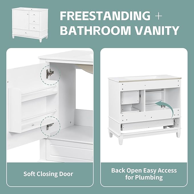 36" Bathroom Vanity with Sink, Harper & Bright Designs Free Standing Single Vanity Set with 3 Drawers and One Door with Storage Racks, Solid Wood Storage Cabinet with Ceramic Basin for Bathroom, White