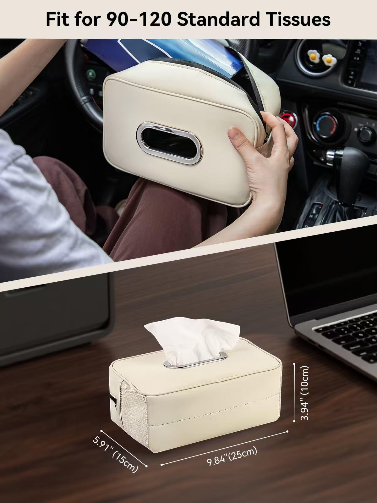 Multi-Functional Car Tissue Holder with ‌2 Storage Nets, Tissue Box Cover