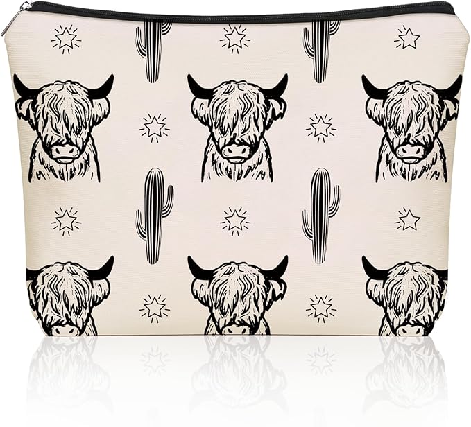 Western Highland Cow Themed Makeup Bag For Women & Teen Girls Travel Gifts