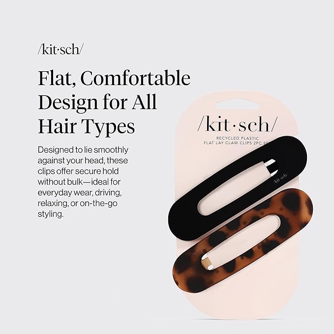 Kitsch Flat Hair Clips for Women - Strong Hold, No Slip Grip Flat Claw Clips For Secure and Comfortable Look | Durable Recycled Plastic Hair Accessories - Black & Tortoise, 2pc