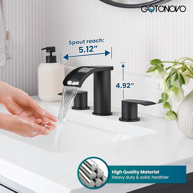gotonovo Waterfall 8 inch Widespread Bathroom Faucet Set Bathroom Sink Faucet 3 Hole 2 Handle Vanity Lavatory Deck Mount with Pop Up Drain and Water Supply Lines Round Body Matte Black