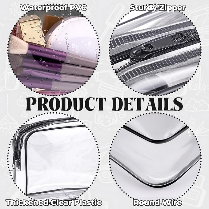 CHICAUP 6 Pieces Clear Makeup Bags Bulk TSA Approved Toiletry Bag for Travel PVC Waterproof Clear Cosmetic Pouch with Zipper for Men and Women Carry-on Travel Essentials (Black)