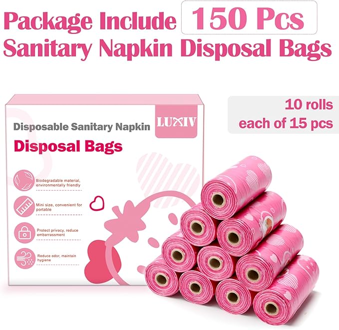 150Pcs Sanitary Napkin Disposal Bags, Luxiv Pink Disposable Sanitary Bag Personal Care Disposal for Tampons Trash Bag, Disposable Mini Bags for Women Privacy Handling Bag Diaper Sack