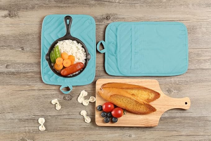 VEIKERY Oven Pot Holder with Pocket Cotton Heat Resistant Coaster Potholder Kitchen Hot Pad Oven Mitts for Cooking Square 7"x9" Set of 3 (Aqua)
