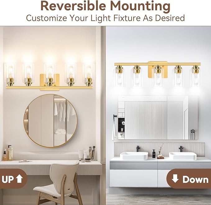 VerRon 5-Light Bathroom Light Fixtures, 31" Gold Modern Vanity Lights