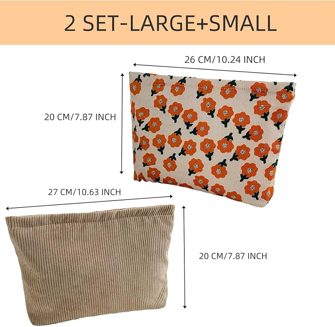 RIKMOXR 2 large makeup bags Women's Corduroy Canvas Makeup Bag, Travel Makeup Bag, Wallet Organizer, Khaki and Orange Flower Pattern