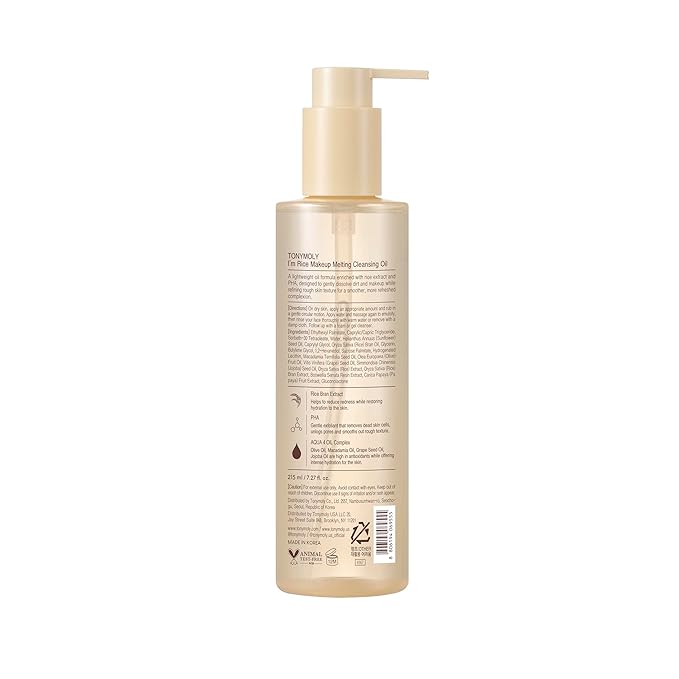 TONYMOLY I’m Rice Makeup Melting Cleansing Oil – 215ml | Gentle Cleanser for Sensitive Skin | Removes Makeup & Impurities | Rice Bran Oil + PHA | Non-Comedogenic, Fragrance-Free, Korean Skincare