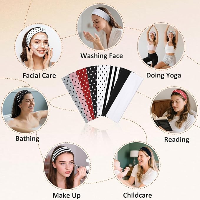 Huachi Polka Dot Headbands for Women Non Slip 16 Pack Elastic Sports Hair Bands for Women, Soft Cotton Cloth Headband for Workout Yoga Fashion Hair Accessories