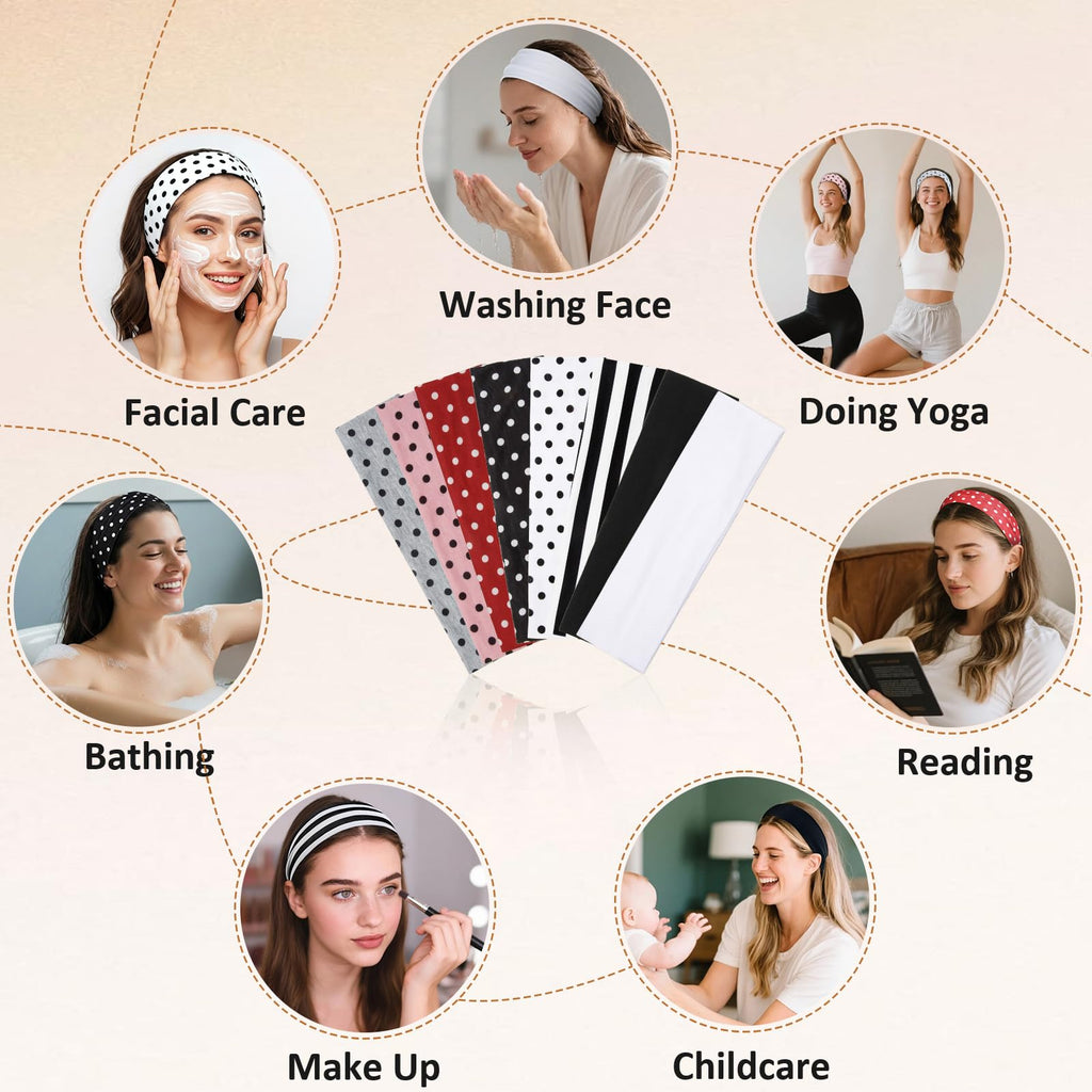 Huachi Polka Dot Headbands for Women Non Slip 16 Pack Elastic Sports Hair Bands for Women, Soft Cotton Cloth Headband for Workout Yoga Fashion Hair Accessories