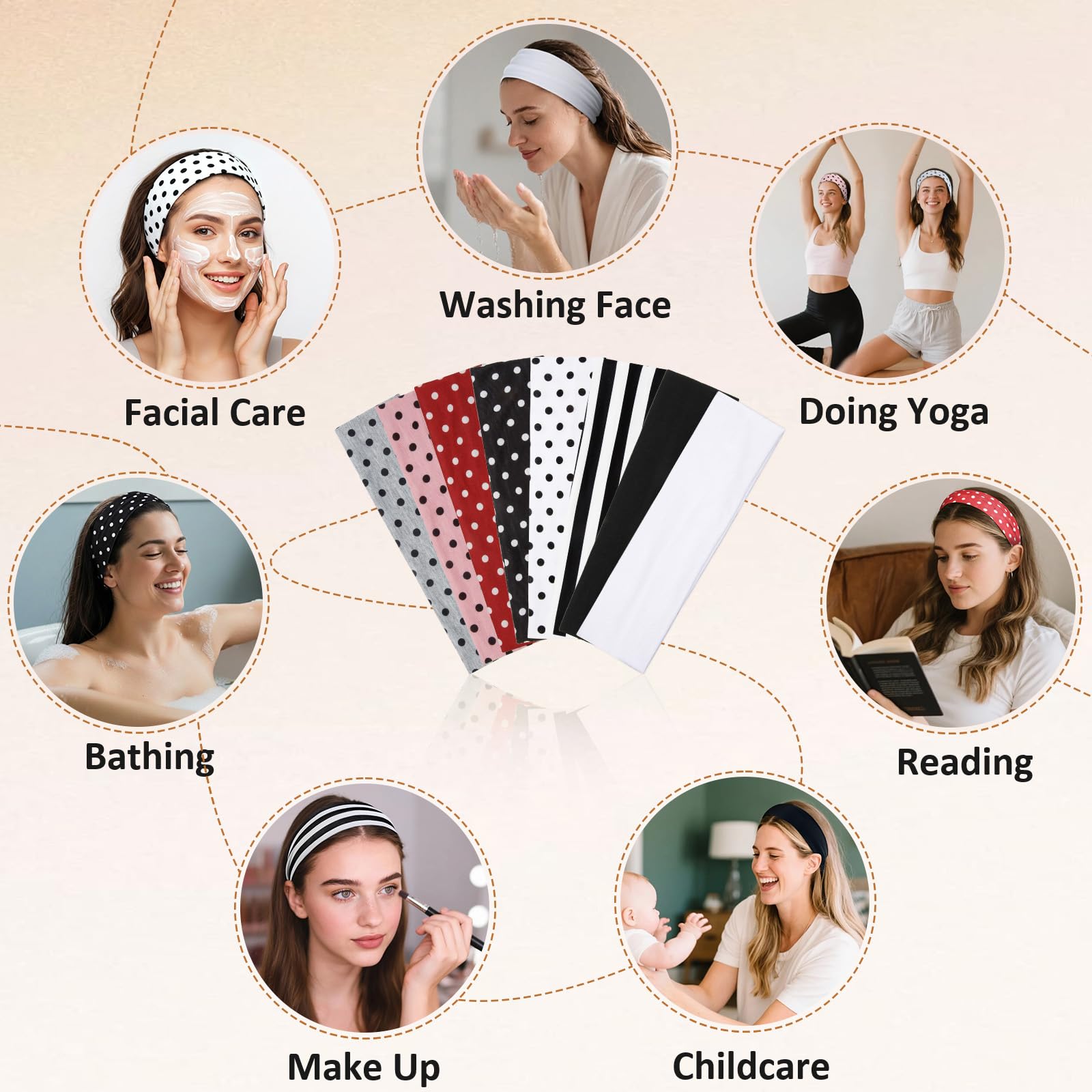 Huachi Polka Dot Headbands for Women Non Slip 16 Pack Elastic Sports Hair Bands for Women, Soft Cotton Cloth Headband for Workout Yoga Fashion Hair Accessories
